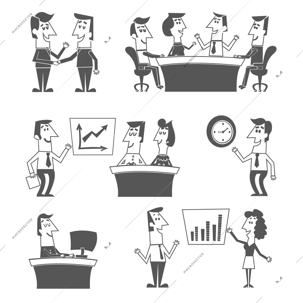 Office workers black set with people workforce teamwork isolated vector illustration