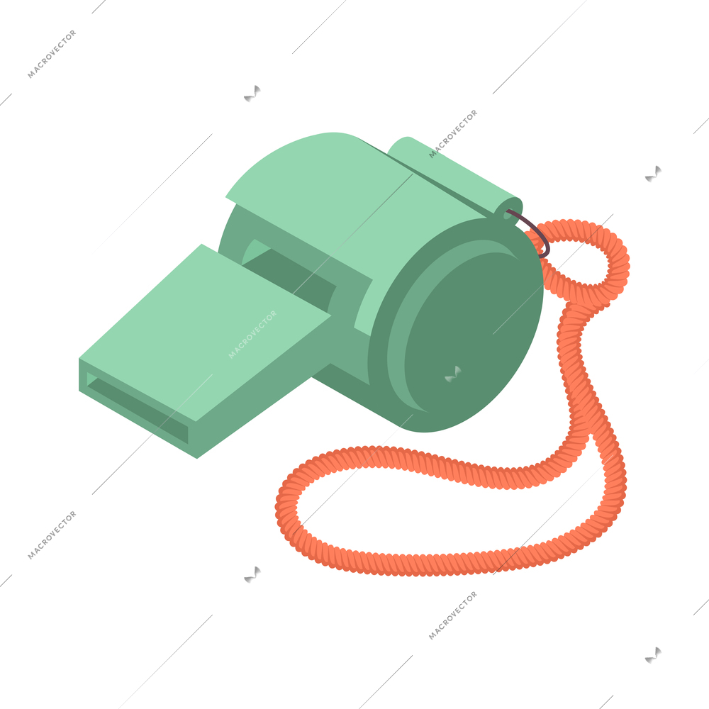 Green referee whistle isometric icon on white background 3d vector illustration