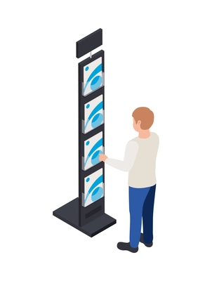 Modern exhibition visitor looking at promotional brochures on stand 3d isometric vector illustration