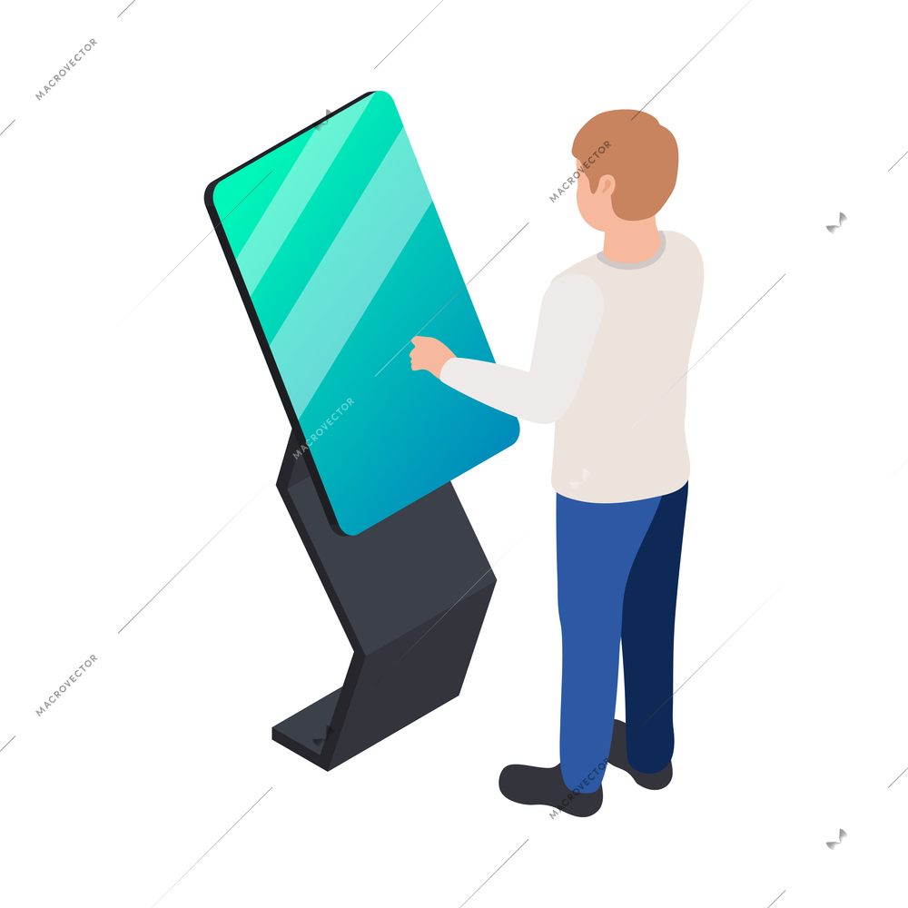 Modern technology exhibition icon with male visitor using interactive kiosk isometric vector illustration