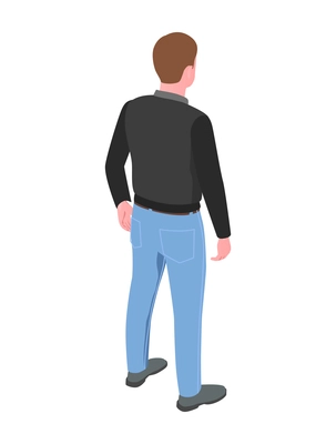 Isometric male character of biker in jeans and black jacket back view vector illustration