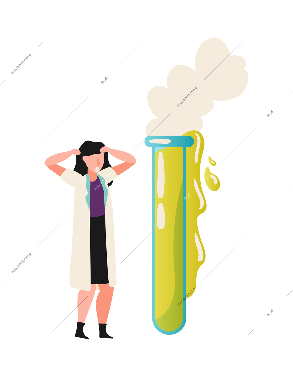 Flat funny science icon with scared scientist performing experiment vector illustration