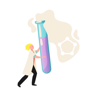 Science lab flat icon with tiny scientist carrying big tube with chemical vector illustration