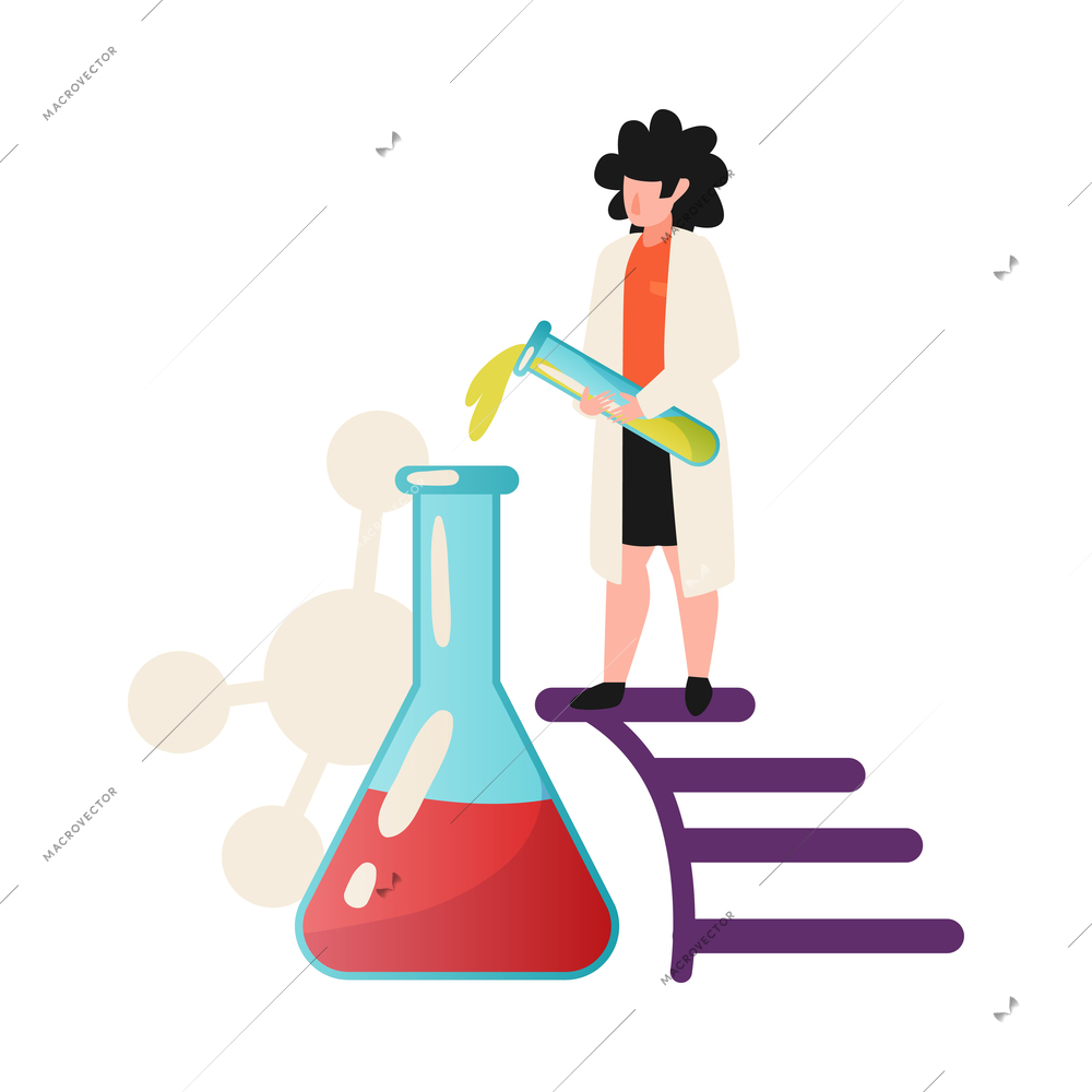 Science lab flat icon with scientist pouring reagent into flask vector illustration