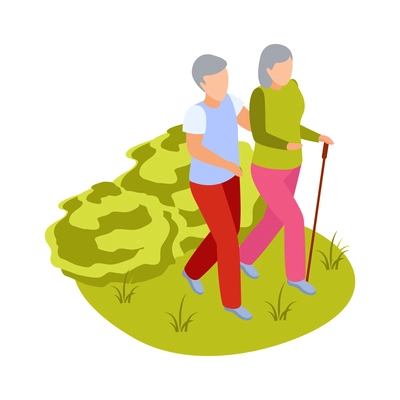 Elderly couple walking in green city park 3d isometric vector illustration