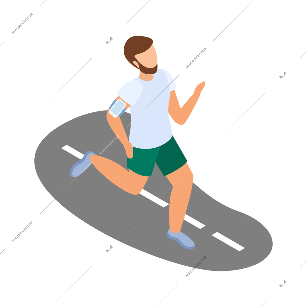 City people icon with man jogging along road with smartphone 3d isometric vector illustration