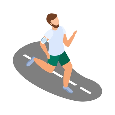 City people icon with man jogging along road with smartphone 3d isometric vector illustration