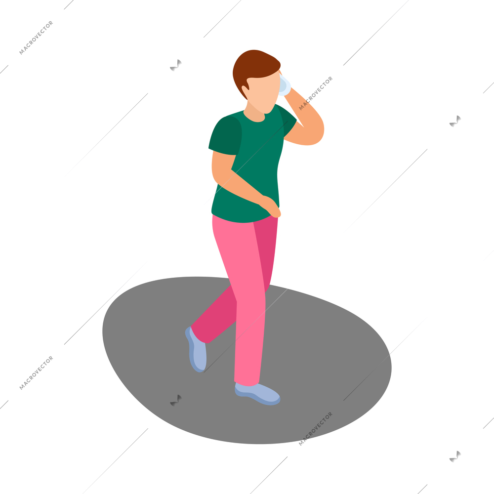 City people icon with man walking and talking on mobile phone 3d isometric vector illustration