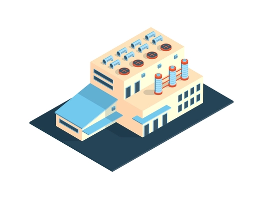 Isometric industrial factory and warehouse building exterior on white background 3d vector illustration