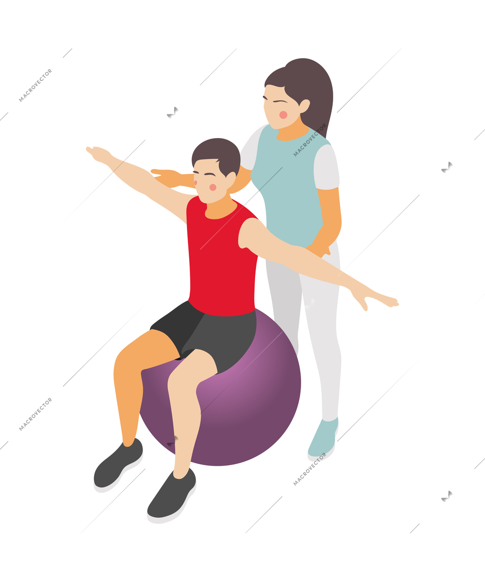 Family fitness isometric icon with mother and son doing exercises on fitball together 3d vector illustration