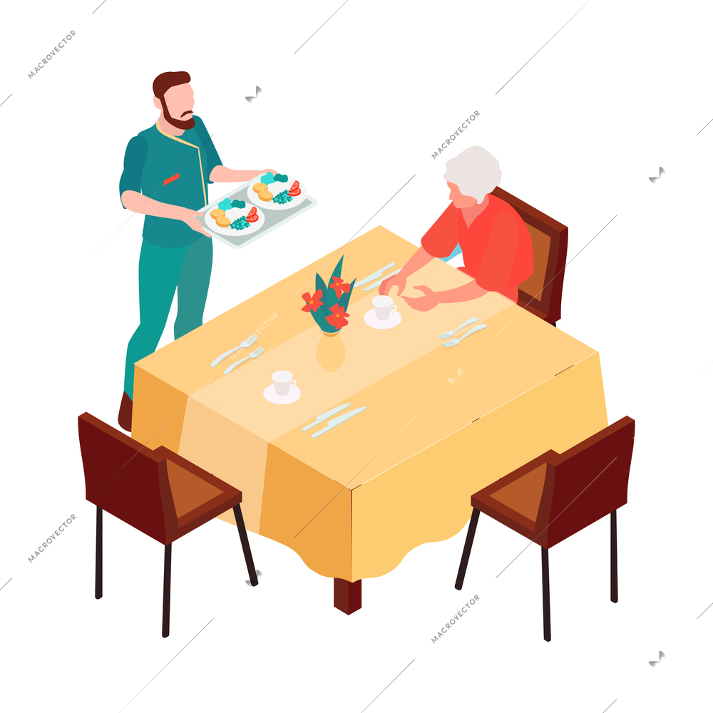 Hotel restaurant isometric icon with male waiter holding tray with dinner and elderly woman sitting at table 3d vector illustration