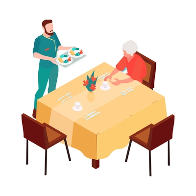 Hotel restaurant isometric icon with male waiter holding tray with dinner and elderly woman sitting at table 3d vector illustration