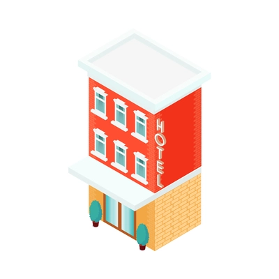 Low rise modern building of hotel with glass doors isometric icon on blank background 3d vector illustration