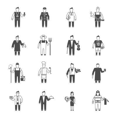 Professionals cartoon characters black icons set of reporter bishop teacher worker lawyer musician abstract isolated vector illustration