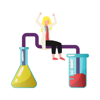 Science flat funny icon with happy scientist character and two lab tubes with liquid vector illustration