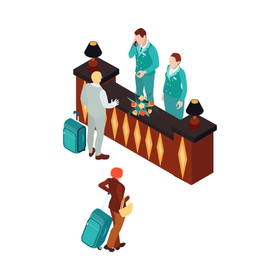 Isometric hotel reception desk with two workers and visitors with luggage 3d vector illustration