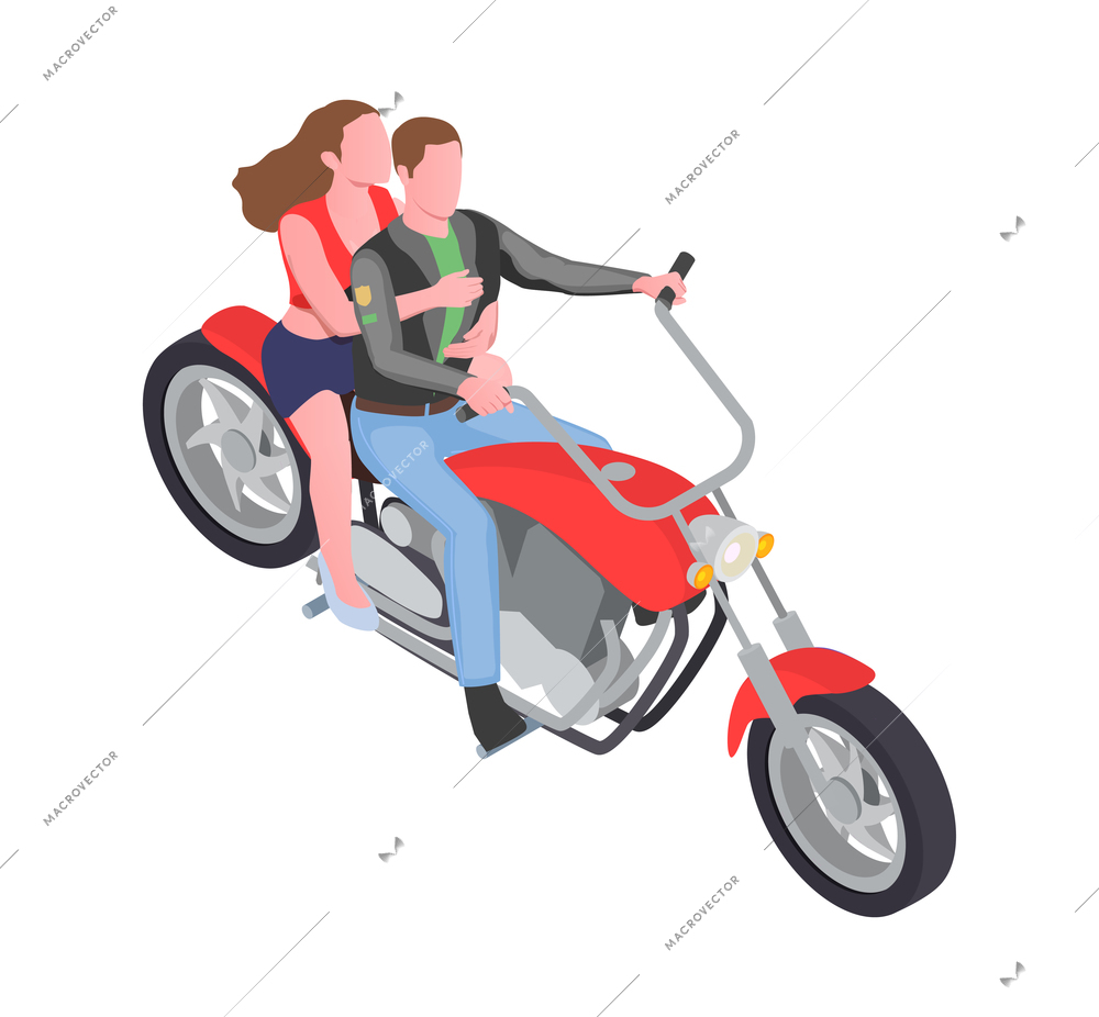 Bikers isometric icon with man and woman riding red chopper motorbike 3d vector illustration