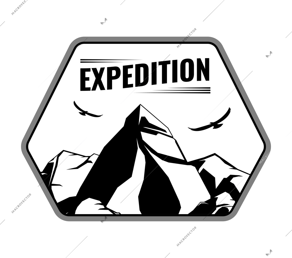 Mountains expedition monochrome emblem with silhouettes of rocks and flying birds flat vector illustration
