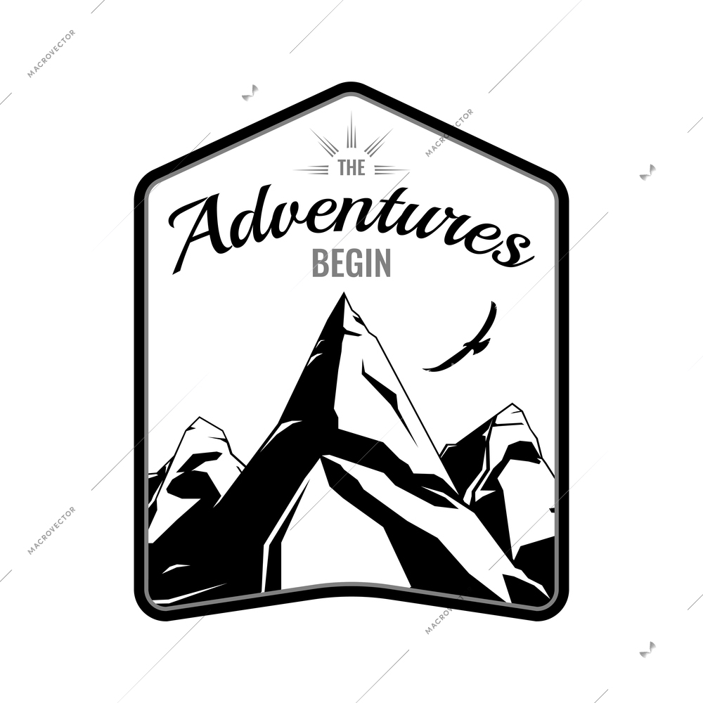 Flat expedition monochrome emblem with mountains silhouette and text vector illustration