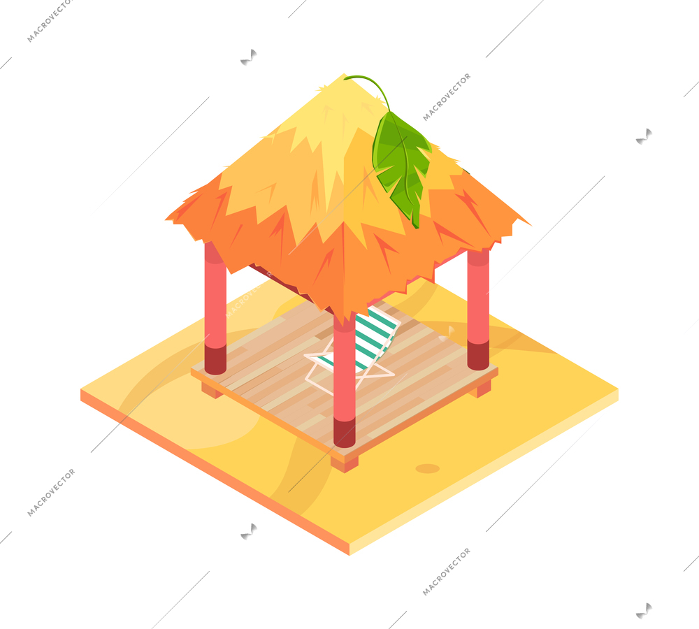 Tropical rest isometric icon with thatched roof gazebo and lounge on sandy beach 3d vector illustration