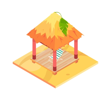 Tropical rest isometric icon with thatched roof gazebo and lounge on sandy beach 3d vector illustration