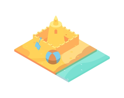 Tropical rest isometric icon with sandcastle ball and shovel in sand on seashore vector illustration