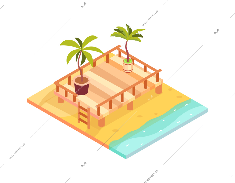 Tropical rest isometric icon with wooden platform on sandy beach 3d vector illustration