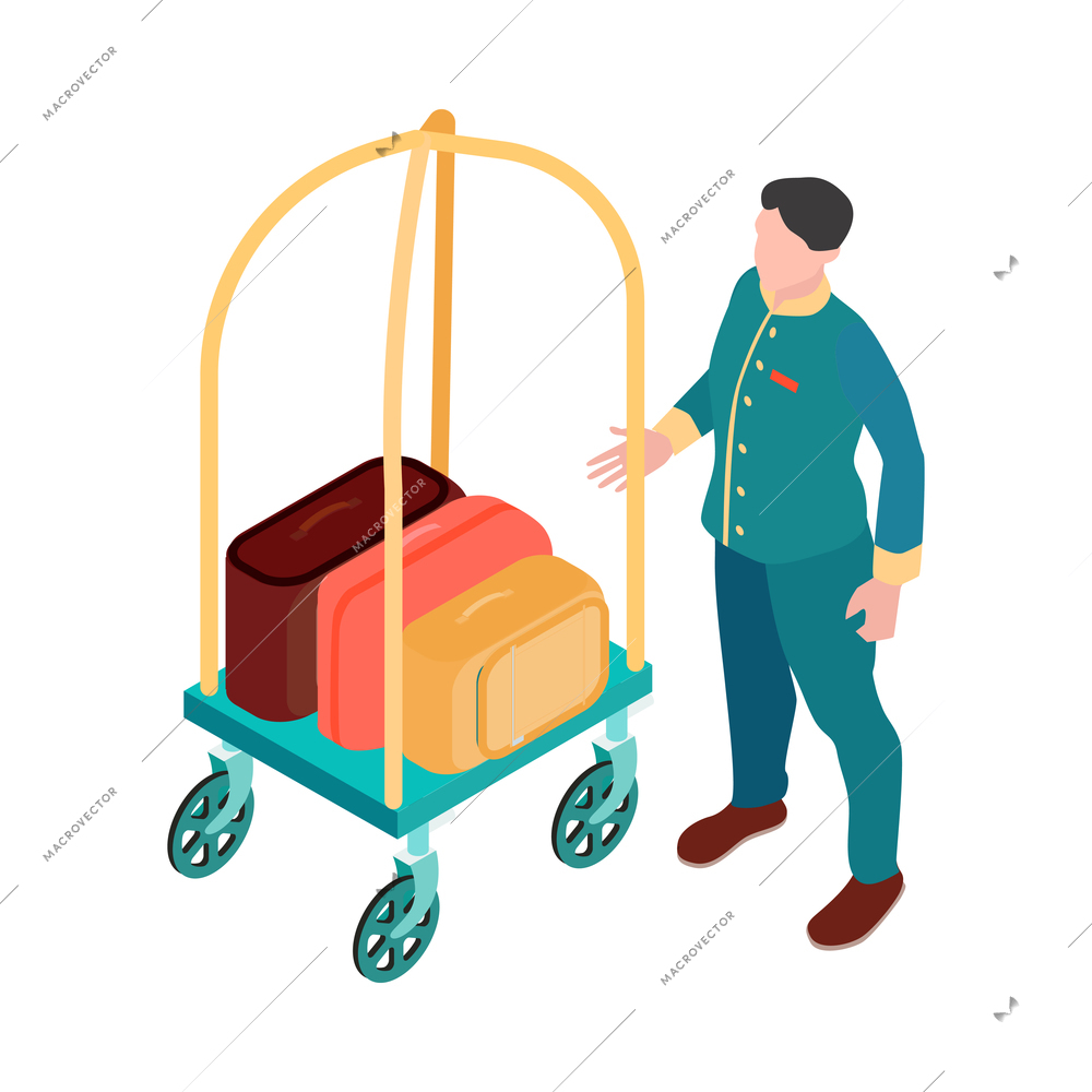 Isometric doorman in uniform carrying cart with luggage 3d vector illustration