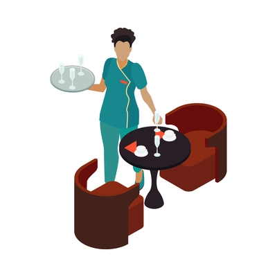 Waitress clearing away table in restaurant or cafe 3d isometric vector illustration