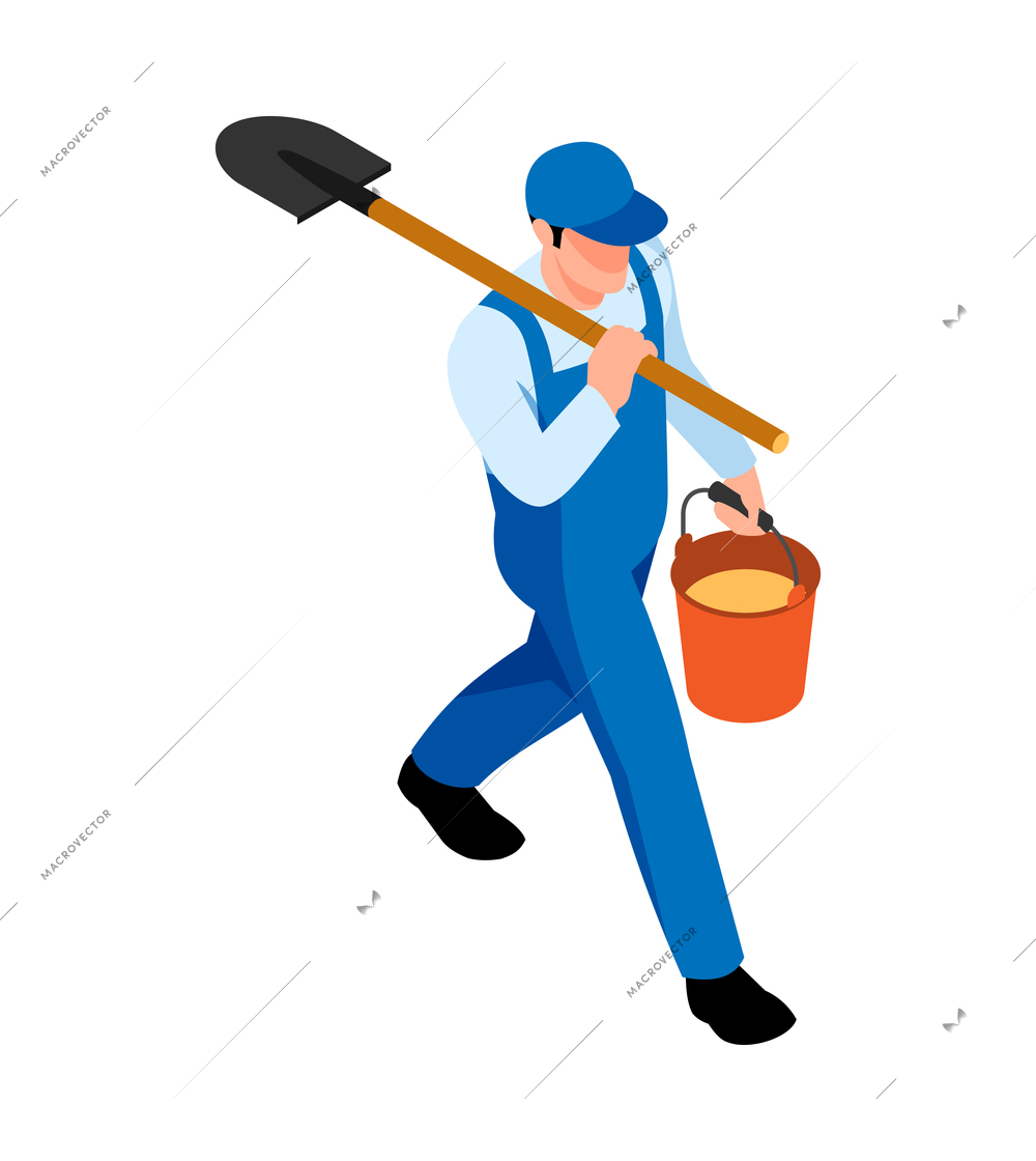 Isometric icon with farmer walking with bucket and spade 3d vector illustration