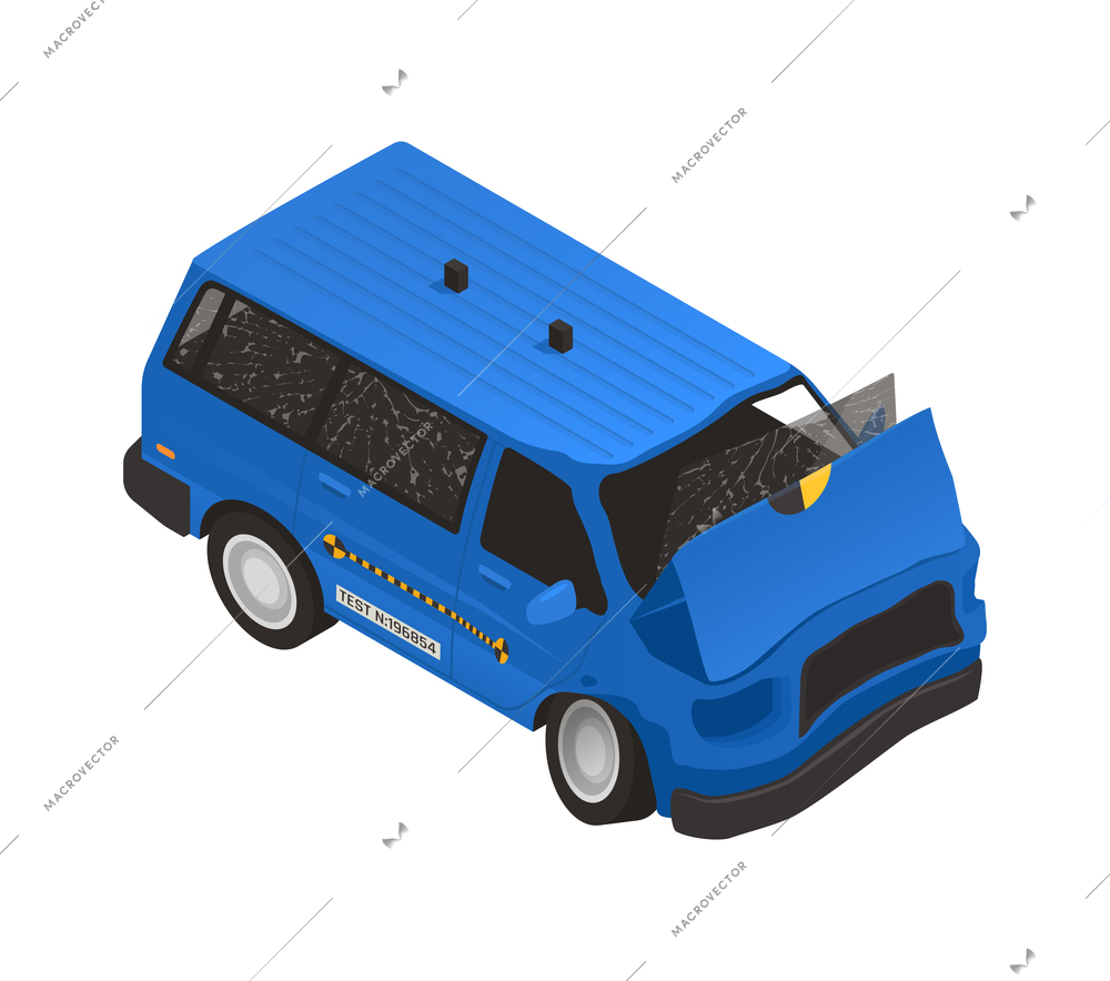 Damaged blue car with broken windows after crash test 3d isometric icon vector illustration