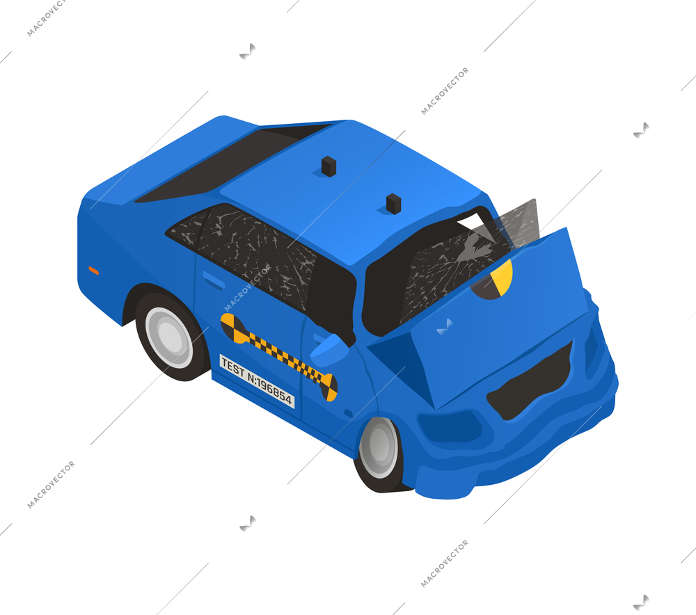 Crash test car safety isometric icon with damaged automobile 3d vector illustration