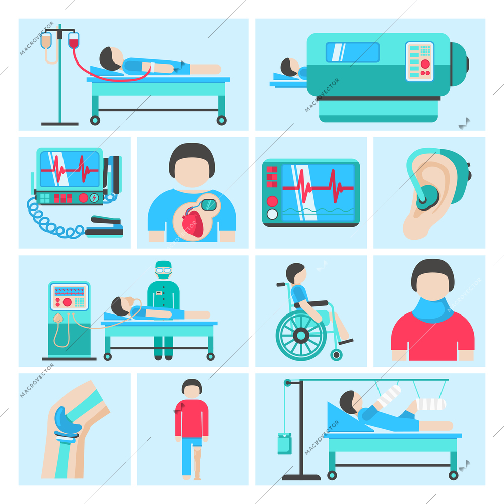 Healthcare medical patient respiratory monitoring apparatus life support infuse system flat icons set abstract isolated vector illustration