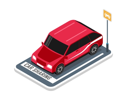 Car sharing mobile app isometric icon with red automobile 3d vector illustration