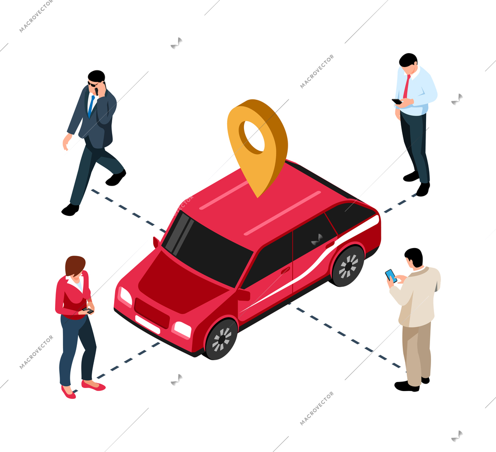 Car sharing service isometric composition with red automobile and four people with smartphones vector illustration