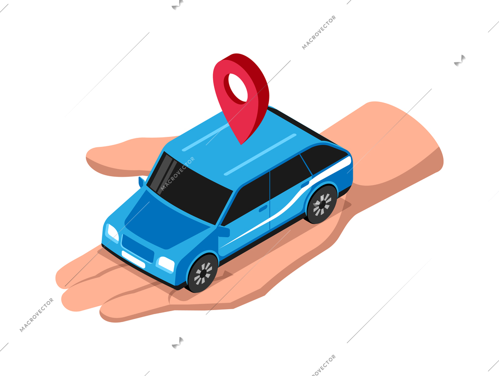 Car sharing service isometric icon with human hand holding blue automobile 3d vector illustration