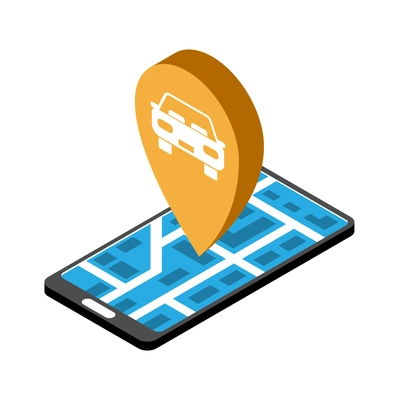 Car sharing service icon with smartphone app showing automobile location on city map 3d isometric vector illustration