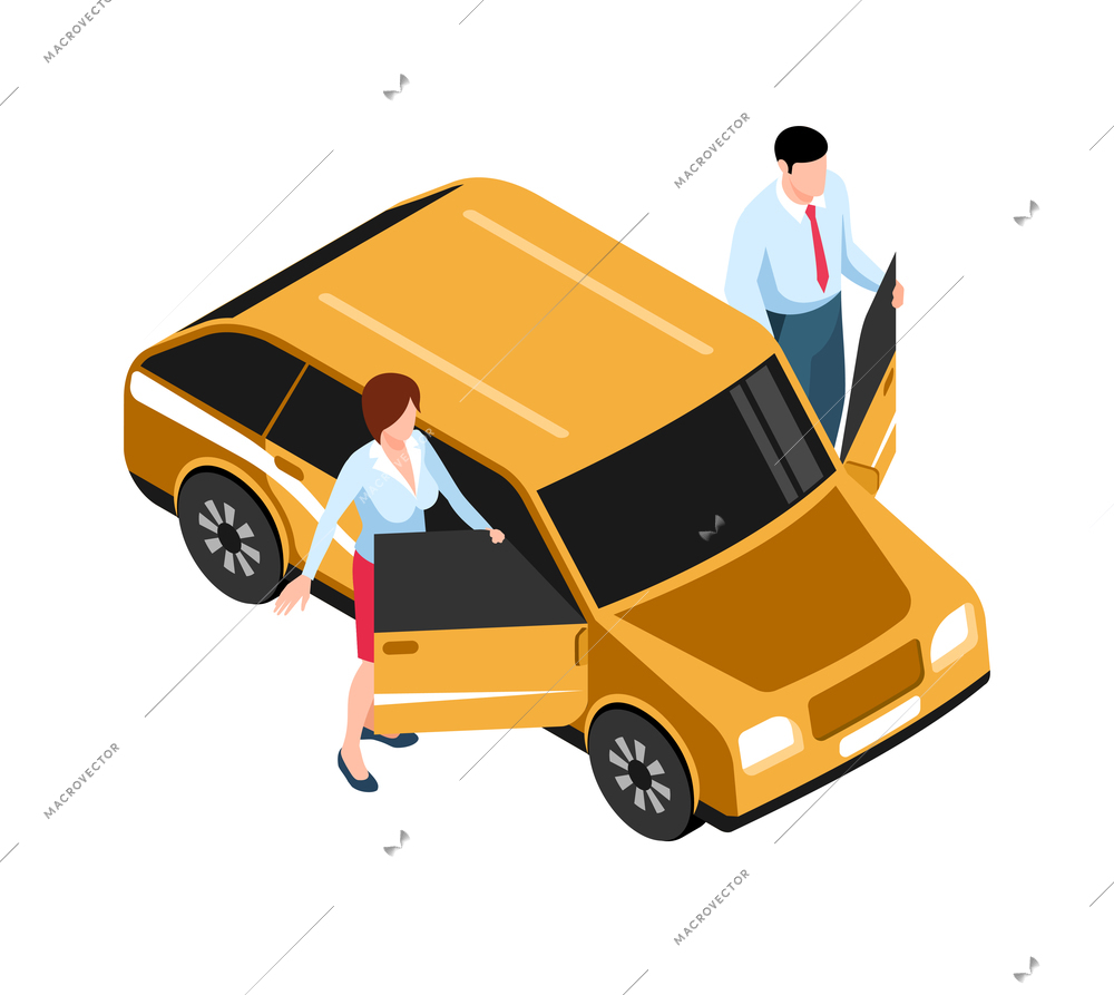 Man and woman getting out of yellow car isometric icon 3d vector illustration