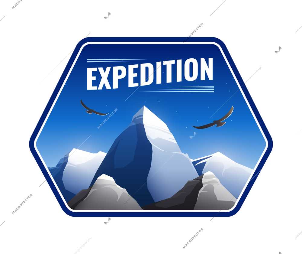 Flat mountains expedition adventure journey flat emblem in blue color with high peaks and flying birds vector illustration