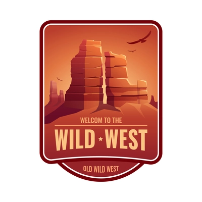 Wild west flat color emblem with rocks landscape vector illustration