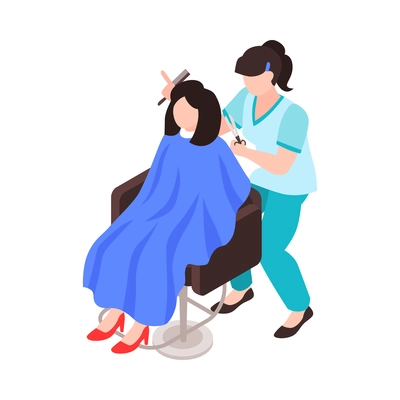 Female hairdresser doing haircut with scissors and comb in beauty salon 3d isometric icon vector illustration