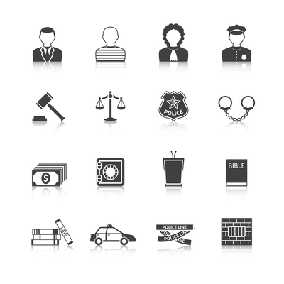 Crime and punishment legal system  tribunal attorney investigation documents icons set  black abstract isolated vector illustration