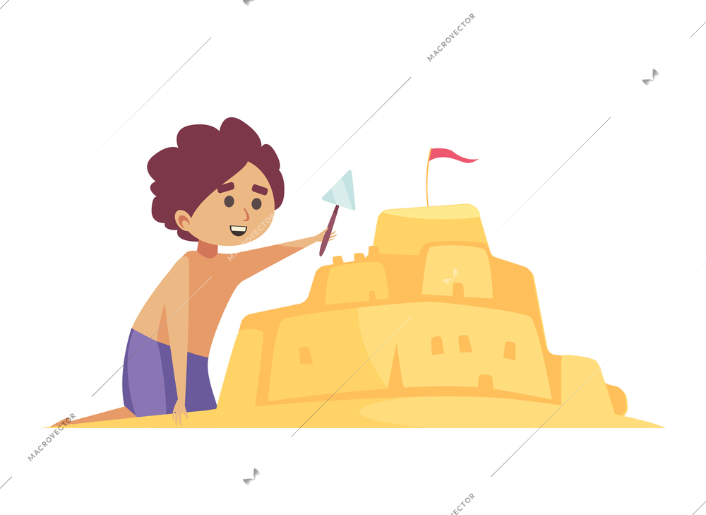 Boy making sandcastle with shovel on beach flat vector illustration