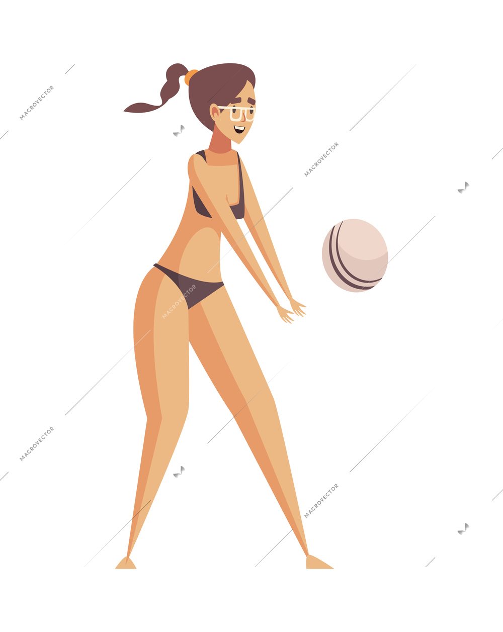 Beach holiday flat icon with happy woman in swimsuit playing volleyball vector illustration
