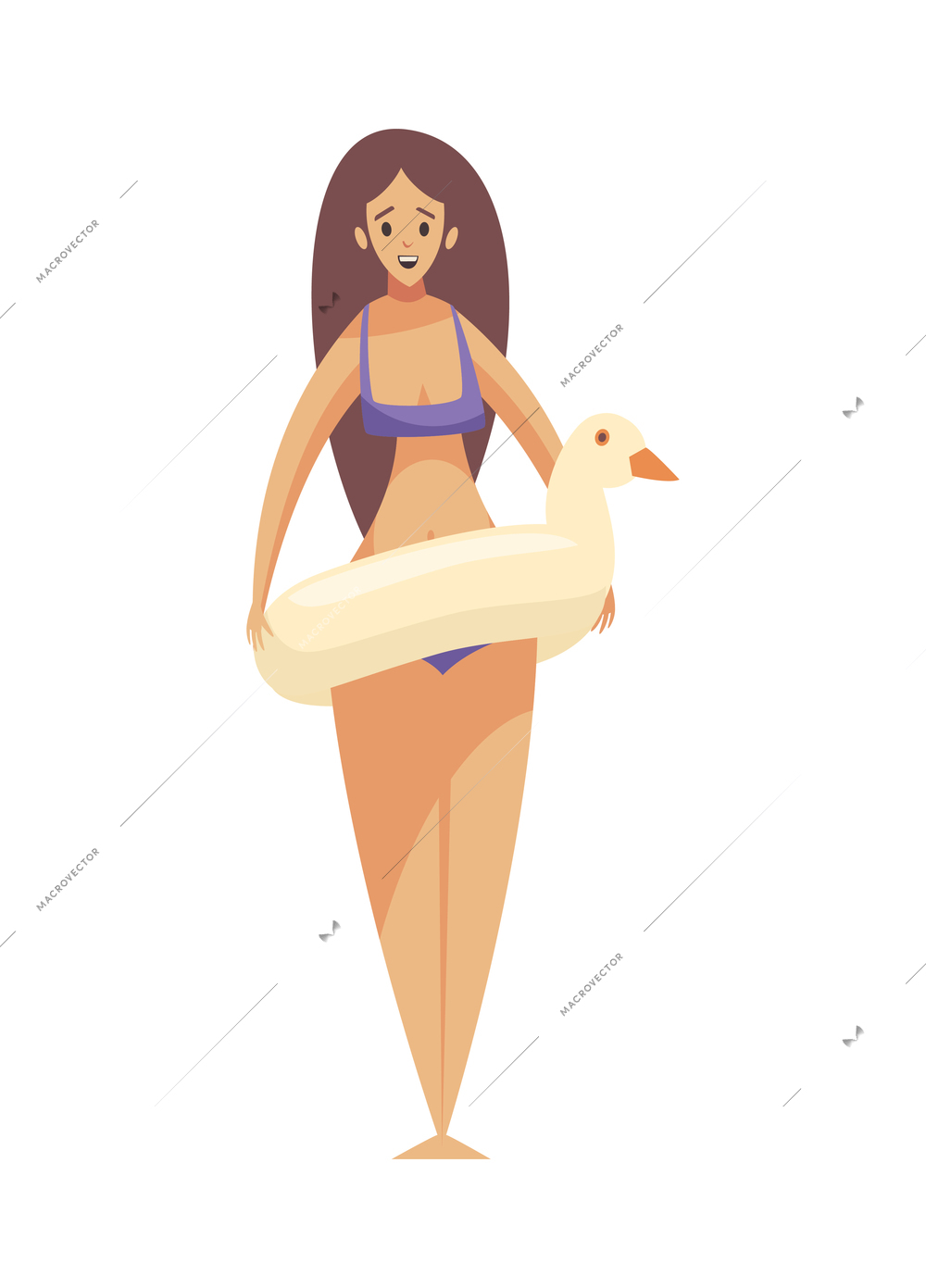 Beach holiday flat icon with happy woman in swimsuit standing with inflatable ring vector illustration