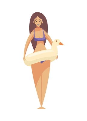 Beach holiday flat icon with happy woman in swimsuit standing with inflatable ring vector illustration