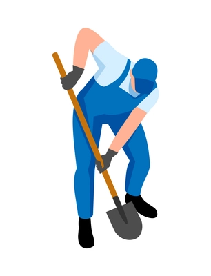 Isometric male farmer in blue uniform working with spade 3d vector illustration