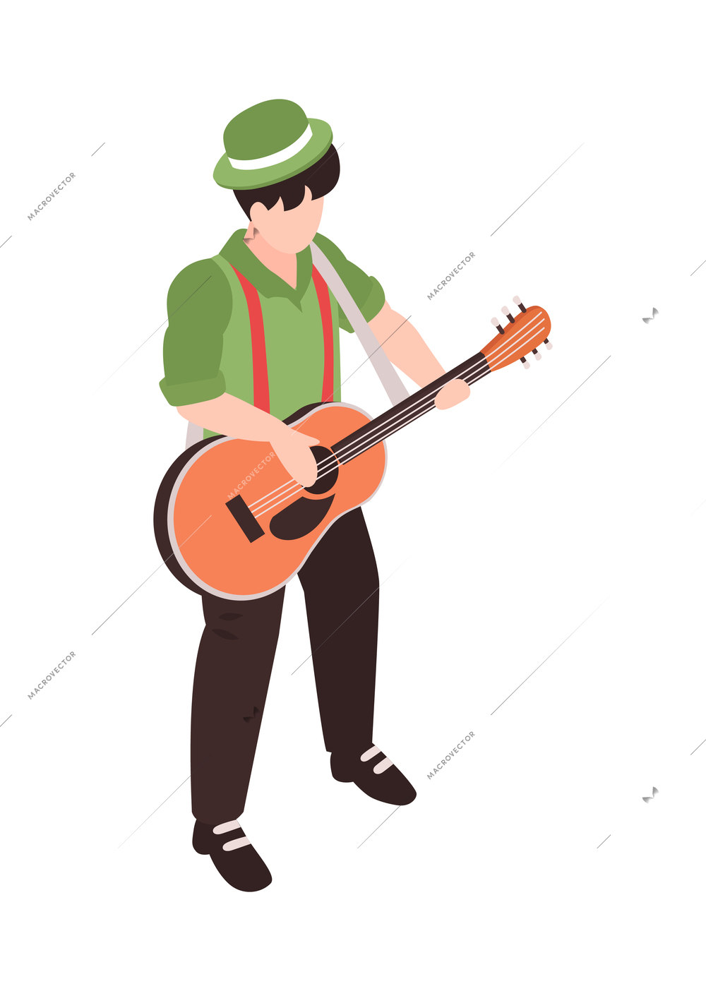 Male street musician in green hat playing guitar 3d isometric vector illustration