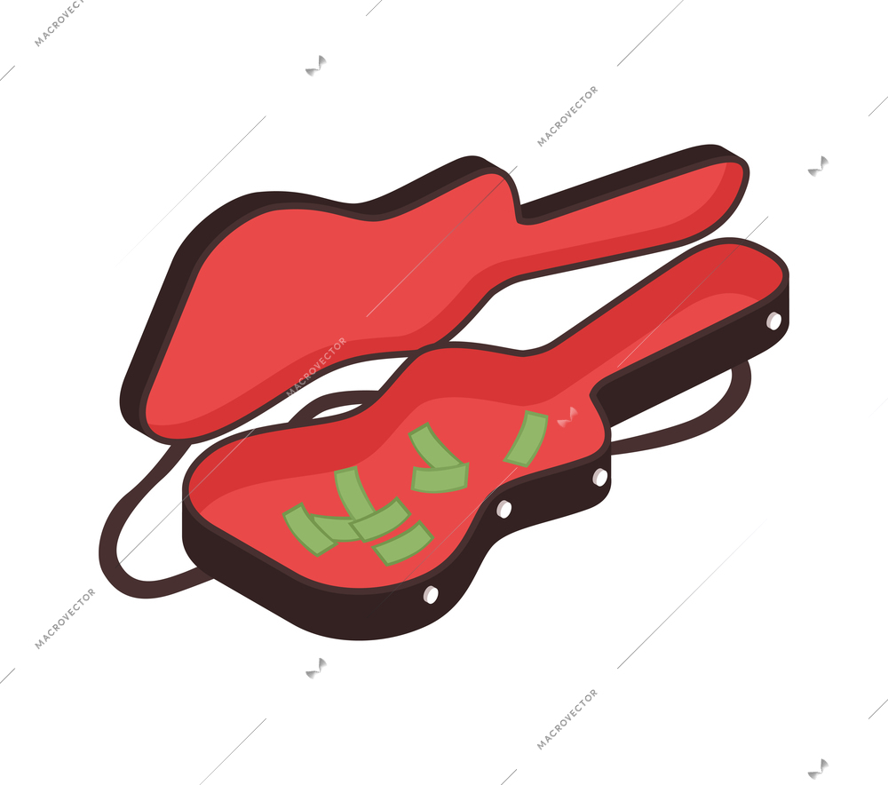 Isometric opened guitar case of street musician for donations 3d vector illustration