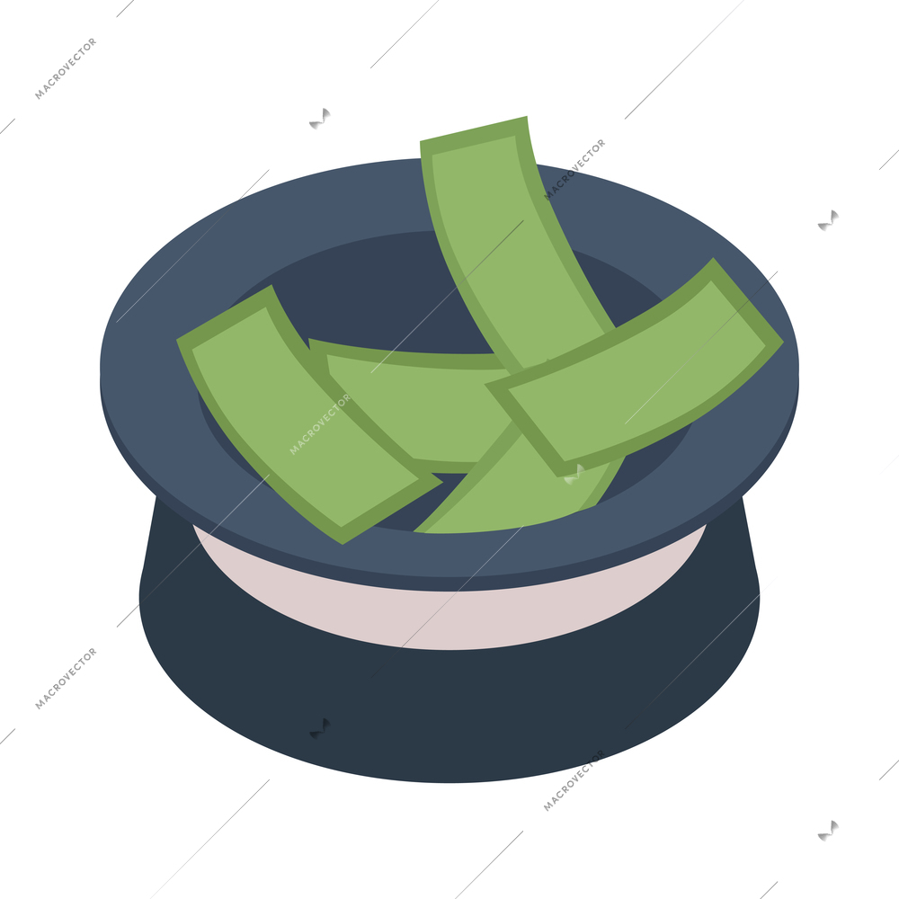 Isometric icon with street beggar hat with money 3d vector illustration